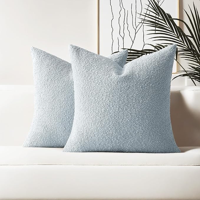 HAUSSY Set of 2 24x24 Decorative Throw Pillow Covers, Soft Cozy European Pillow Shams Textured Boucle, Home Decor for Couch Bed Living Room, Dusty Blue