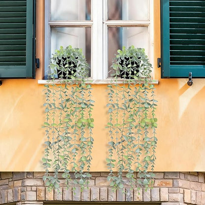 Waipfaru 2Pcs Fake Hanging Plants with Pot Light Green Eucalyptus Leaves UV Resistant Fake Vines Ivy Artificial Plants Outdoor Faux Plants Indoor Bedroom Living Room Boho Wall Porch Shelf Decor