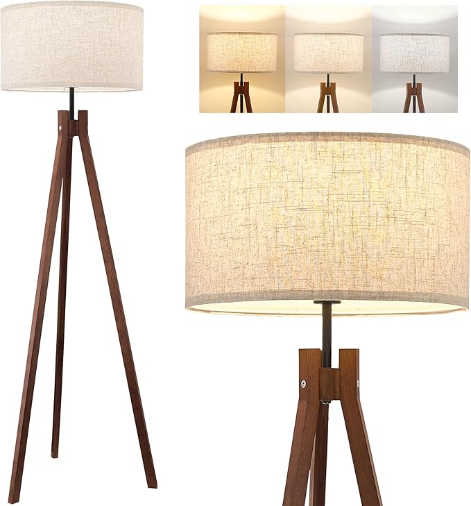 ELYONA Wood Tripod Floor Lamp, Mid Century Reading Standing Lamp with 3 Color Temperatures & Linen Shade, Modern Night Light for Bedroom, Farmhouse, Living Room, Office, 9W LED Bulb Included, Brown