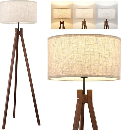 ELYONA Wood Tripod Floor Lamp, Mid Century Reading Standing Lamp with 3 Color Temperatures & Linen Shade, Modern Night Light for Bedroom, Farmhouse, Living Room, Office, 9W LED Bulb Included, Brown