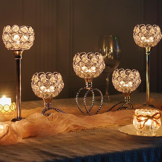 Silver Set of 6 Metal Crystal Tea Light Candle Holder, Elegant Wedding Table Centerpiece Candle Holder, Christmas Wishing Crystal Bowl Candle Holder Suitable for Wedding Party Living Room Decoration