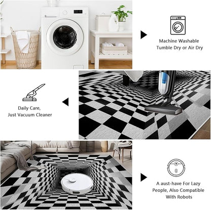 Optical Illusion Rug - Black and White Rug for Living Room, Soft Ultra Soft Faux Wool 5x8 Area Rugs Floor Mats, Non Slip&Non-Shedding Low Pile Checkered Washable Rugs, Abstract Geometric Carpet