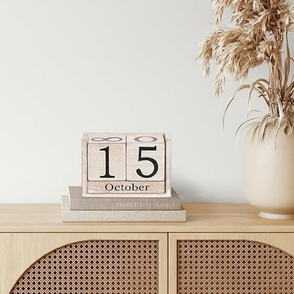 Wooden Block Calendar for Desk, Large Size Daily Desktop Perpetual Desk Calendar, Cute Date Display Desk Accessories for Home Office Decor, Teacher, Classroom, Reusable Yearly, Grey Beige