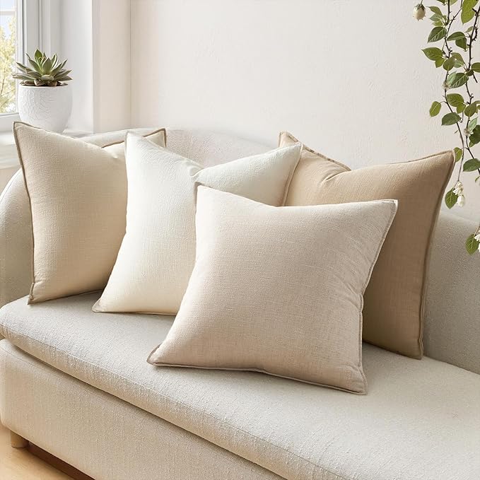 Neutral Pack of 4 Solid Linen Pillow Covers Decorative Modern Press Edge Design Throw Pillow Covers Soft Accent Boho Couch Pillowcases Farmhouse for Living Room Bed Sofa 16x16 Inch
