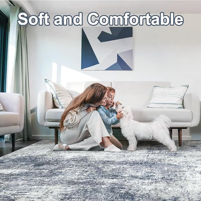 Washable Area Rug 5x7 - Neutral Modern Abstract Rugs, Soft Non Slip Thin Carpet with for Bedroom, Under Dining Room Table, Home, Office, Dorm, Office Rolling Chair - Indigo Gray