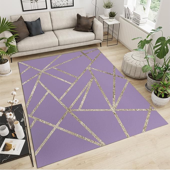 Modern Geometric Purple Area Rug, Premium Art Rug for Living Room and Bedroom, Soft And Wear-Resistant, Non-Slip Bottom, Gold Line Decoration Design, Stylish And Simple Indoor Decoration,2 x 6ft