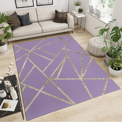Modern Geometric Purple Area Rug, Premium Art Rug for Living Room and Bedroom, Soft And Wear-Resistant, Non-Slip Bottom, Gold Line Decoration Design, Stylish And Simple Indoor Decoration,5 x 7ft