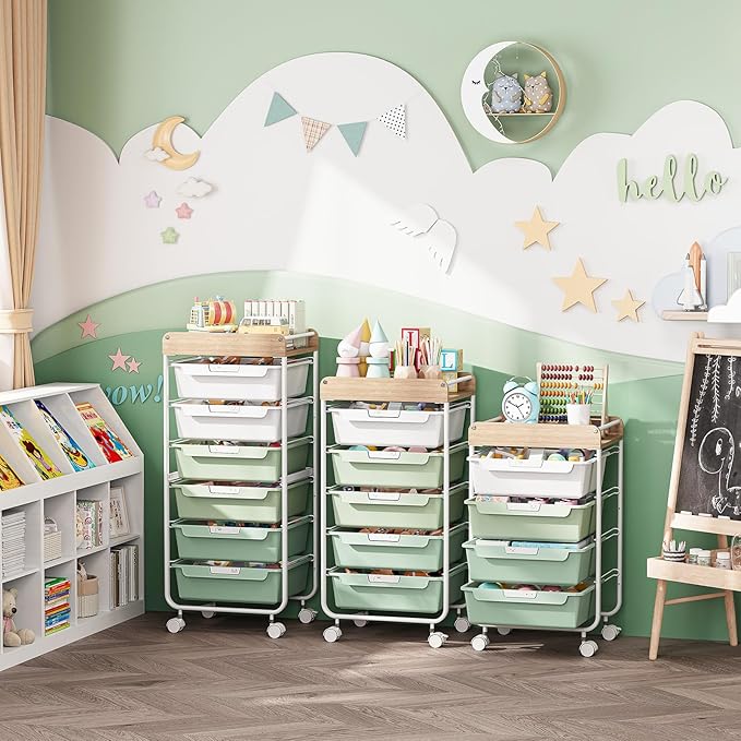 Rolling Storage Utility Cart With 5 Drawers,Craft Cart with Wheels,Makeup Organizer,Art Supply And Storage Wooden Tabletop,Green