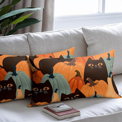 Halloween Pumpkin Fall Pillow Covers 12x20 Set of 2 Burnt Orange Black Cat Print Decorative Autumn Lumbar Outdoor Pillowcases with Zipper Farmhouse Holiday Throw Cushion Case Decor for Couch Sofa Bed