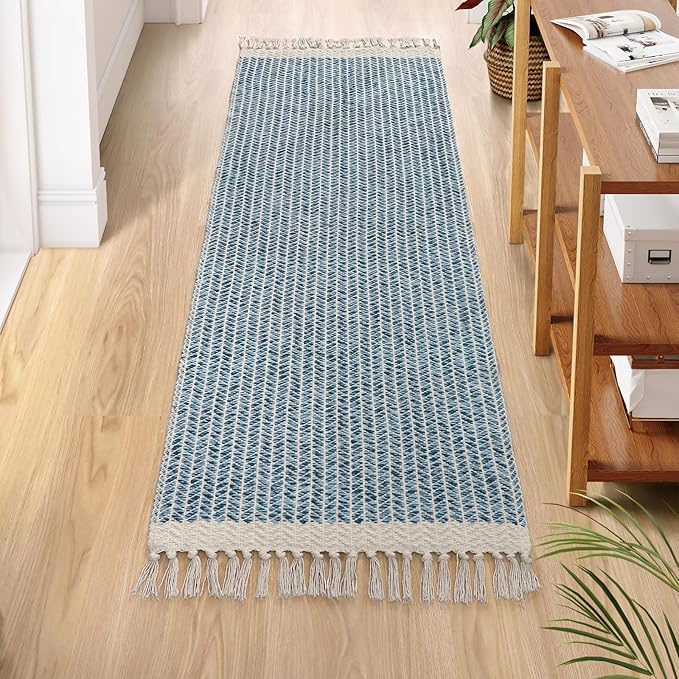 Lahome Boho Kitchen Runner Rugs, 2x6 Laundry Room Rug Lightweight Bathroom Runner Woven Cotton Throw Mat with Tassels, Farmhouse Washable Blue Rug Low Pile Runners for Hallways Entry
