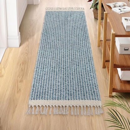 Lahome Boho Kitchen Runner Rugs, 2x6 Laundry Room Rug Lightweight Bathroom Runner Woven Cotton Throw Mat with Tassels, Farmhouse Washable Blue Rug Low Pile Runners for Hallways Entry