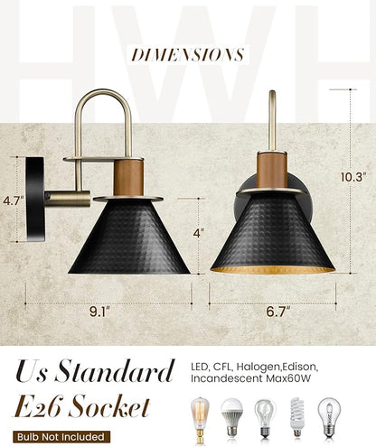 Black Wall Sconce, HWH Industrial Indoor Sconce Light Fixture, Single Wall Vanity Light Black Barn Wall Lamp with Hammered Metal Shade, Black and Gold Finish, 5HZG74B BK+BG