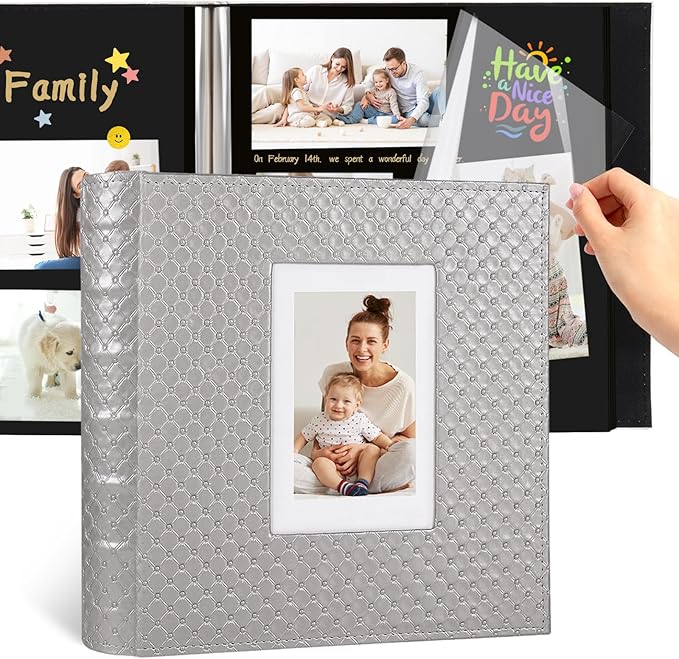 RECUTMS Photo Album 4x6 5x7 8x10 Photos DIY Scrapbook 60 Pages Black Inner Button Grain Leather Scrap Photo Book Baby Family Wedding Anniversary Self Adhesive Handmake Picture Book（Gray）