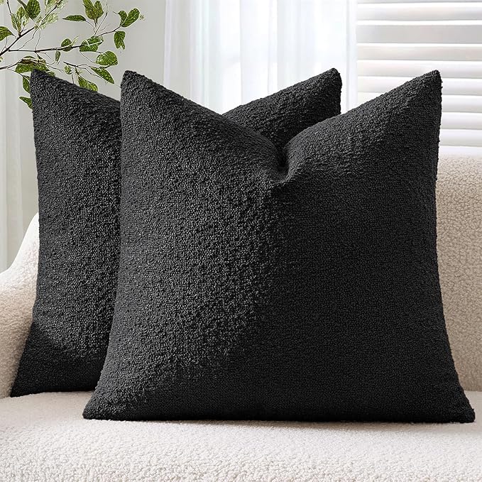 ANRODUO Pack of 2 Textured Boucle Throw Pillow Covers Soft Black Euro Decorative Accent Solid Pillow Cases Cozy Modern Couch Cushion Case for Chair Sofa Bedroom Living Room Home Decor, 22 x 22 Inch