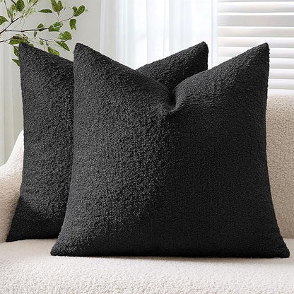 ANRODUO Pack of 2 Textured Boucle Throw Pillow Covers Soft Black Euro Decorative Accent Solid Pillow Cases Cozy Modern Couch Cushion Case for Chair Sofa Bedroom Living Room Home Decor, 22 x 22 Inch