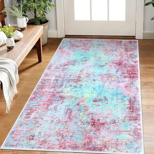 Modern Abstract 3x5 Girls Room Rug, Machine Washable Blush Pink Sky Blue Entryway Rug, Thin Kitchen Mat Non-Slip, Print Faux Wool Soft Floor Carpet for Girl Women's Bedroom Bedside