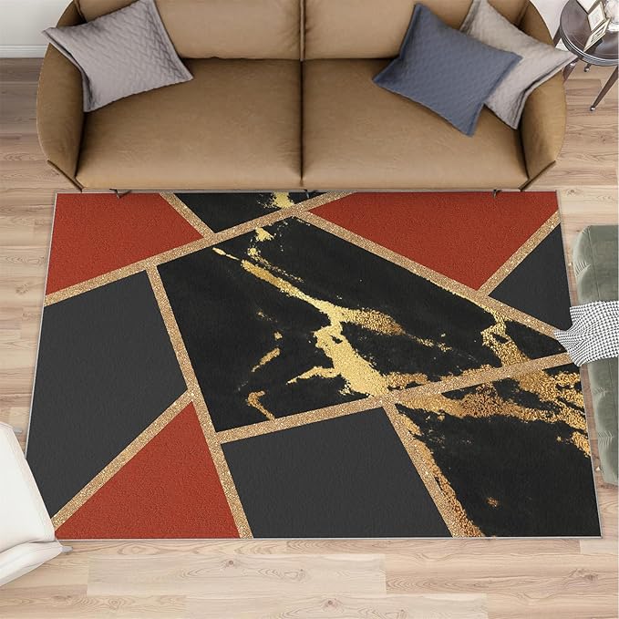 Black Gold Marble Area Rug Modern Abstract Marble Rug Polygonal Geometric Patchwork Carpet 3D Light Luxury Geometric Line Carpet for Living Room Playroom 5x7ft