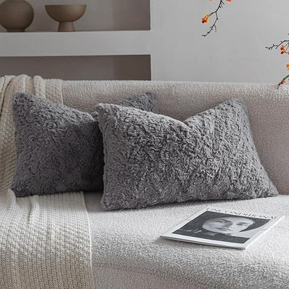 Neelvin Set of 2 Faux Fur Throw Pillow Covers 12x20 Inch Darkgrey Cozy Soft Solid Decorative Pillowcases Thick Plush Sheepskin Cushion Case for Chair and Couch Sofa Bedroom