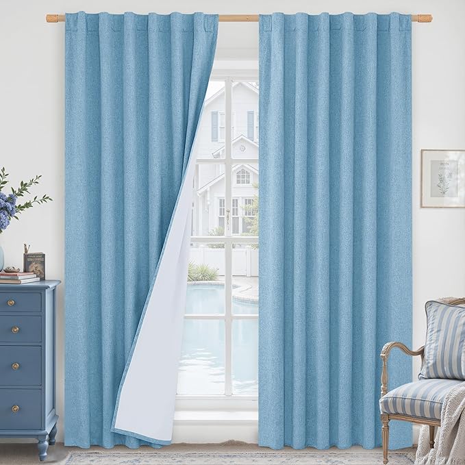LAMIT Blue 100% Blackout Linen Curtains, 84 Inch Linen Textured Living Room Farmhouse Curtains Room Darkening Back Tab and Rod Pocket Burlap Neutral Panels with White Liner, 2 Panels, 52 x 84 Inch