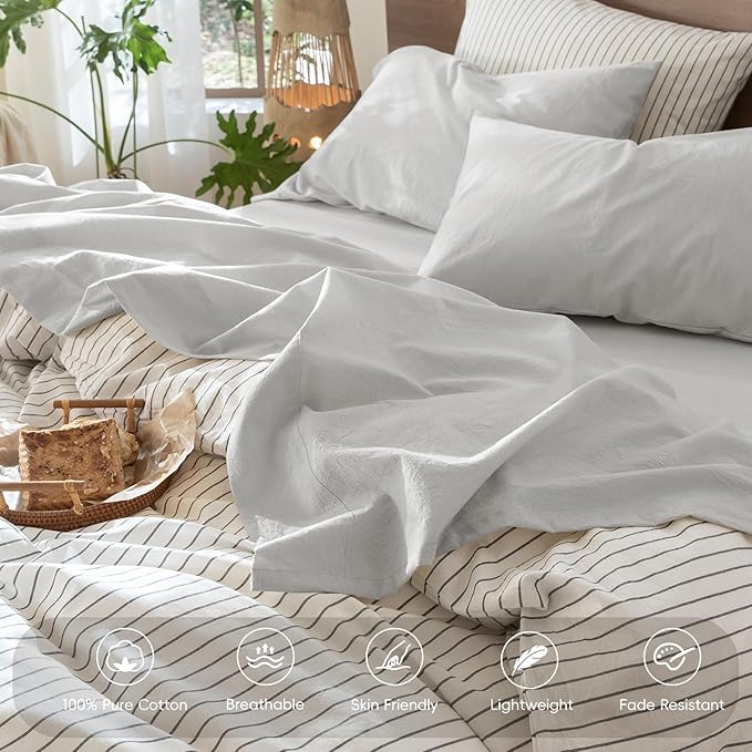 MooMee Bedding Sheet Set 100% Washed Cotton Linen Like Textured Breathable Durable Soft Comfy (Solid Light Tan, California King)