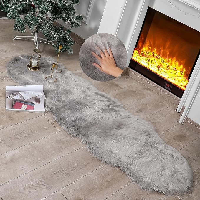 Faux Fur Rug Sheepskin Shag Fluffy Fuzzy Grey 2x6 ft Runner Rugs for Bedroom Bedside Bed Floor Living Room Plush High-Density Cushion Carpet Super Sofa Cover