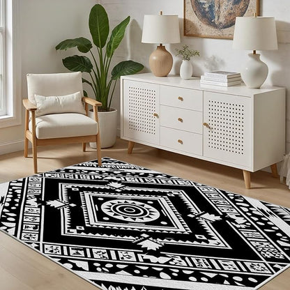Area Rugs for Living Room 5x7, Moroccan Washable Low Pile Rug, Boho Neutral Farmhouse Ultra Soft Carpet for Bedroom Dining Room Home Decor, Geometric Print Tribal Carpets Black and White