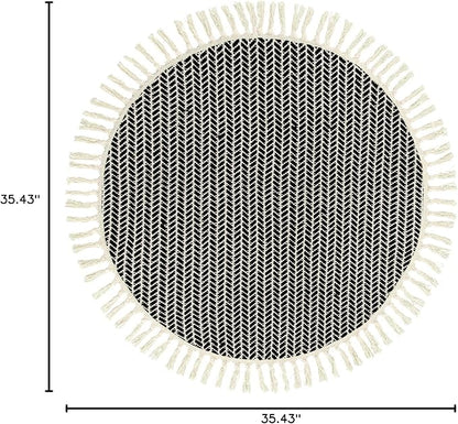 Lahome Boho Black and White Round Rug 3ft, Small Circle Bathroom Kitchen Rug Lightweight Washable Rugs for Entryway with Tassels, Farmhouse Cotton Non Shedding Round Mat for Bath Dorm Bedroom