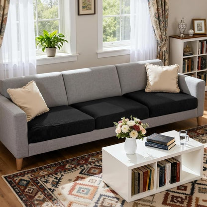 CHUN YI 3 Piece Couch Cushion Covers for XL-Sofa Seat Slipcovers Suitable with Spandex Jacquard Washable Fabric (3 Piece XL-Sofa Cushion Covers, Black)