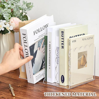 Scalloped Acrylic Magazine Holder with 4 Vertical Compartments 11.22 x 7.28 x 6.5 Inches Clear Acrylic Storage Mail Sorter with Wave Edge Design for Desktop Office Home