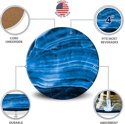 Emerson Coasters for Drinks Absorbent – Dining Table Set of 6 with Holder, 100% Ceramic Wooden Tabletop Protection Marble Style - Non Slip & Cork Bottom - Heavy Duty (Blue Stone)