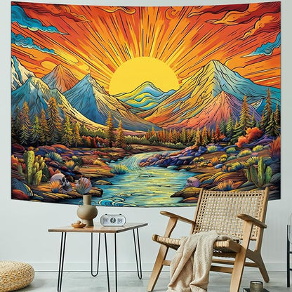 Serborlur Boho Sun Mountain Tapestry Trippy Forest Tree Tapestry Vintage Aesthetic Magic River Tapestries Nature Landscape Wall Hanging for Bedroom Home Decor (51.2"×59.1")