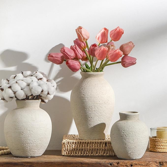 Ceramic Flower Vase Home Decor - Farmhouse Table Vases Rustic Vintage Living Room Kitchen Bedroom Decorations for House Book Shelf Office Coffee Desk Dining Fireplace (7.4" Rustic)