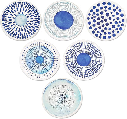 AD Set of 6 Coasters for Drinks Absorbing Round Ceramic Stone Coaster with Cork Base,Tabletop Protection Mat for Mugs and Cups,Office,Kitchen (Blue Watercolor Series)