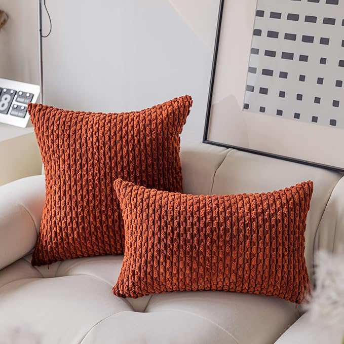 Kevin Textile Fall Soft Velvet Solid Square Decorative Cushion Cover Handmade Pillowcase with Hidden Zipper for Seasonal Autumn 2 Packs 18x18 Inch Burnt Brick