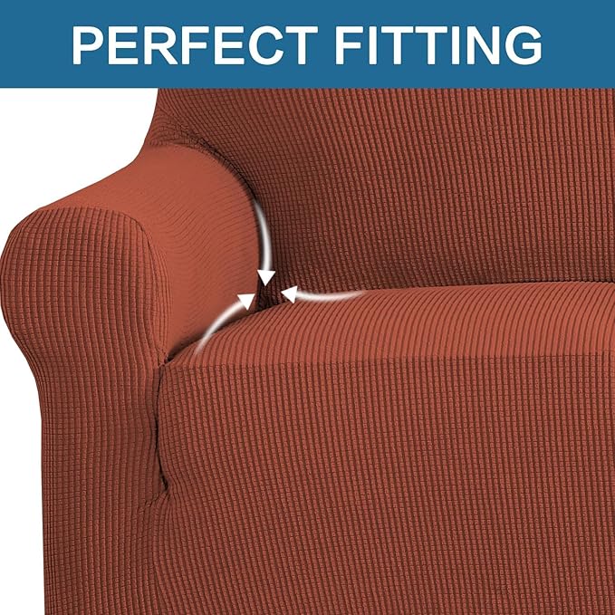 H.VERSAILTEX Stretch Couch Covers for Sofa 1 Piece Slipcovers for Couches and Sofas 3 Seater Couch Cover Feature Thick Checked Jacquard Fabric with Elastic Bottom(Large Sofa 90"-100" Wide, Rust)