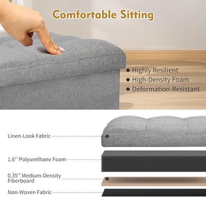 Storage Ottoman with Extra Thick Foam Padded Seat, Foldable Foot Rest Stool with Linen Fabric, 43L Ottoman with Storage Bench for Bedroom Living Room, Holds Up to 300lbs, 17x13x13in, Dark Gray