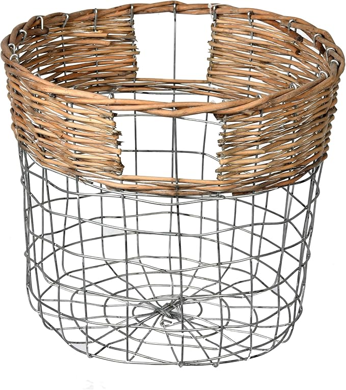 Vickerman 10.5" Round Wire Basket with Woven Bamboo. This Basket Features a Wire Structure with The top Section Wrapped in Bamboo. The Chunky spacing Between Wires Allows You to See What is Inside.
