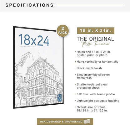 MCS Original Poster Frame 18x24 Black Lightweight Vertical & Horizontal Wall Hanging Large Picture Frame for Posters, Art Prints & Gallery Wall (2-Pack)