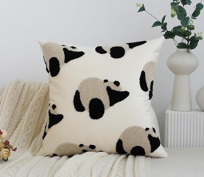 LIGICKY Panda Throw Pillow Cover White Velvet Cushion Cover Neutral Accent Tufted Animal Print Pillowcase Solid Decorative Soft Square Cushion Case for Sofa Bedroom Party Décor, 18 x 18inch