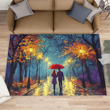 London Streets Washable Rugs 6x8 Rug for Living Room, Rainy Night Oil Painting 6x8 Rug Autumn Landscape Low-Pile Carpet for Bedroom Dining Non Slip Mat with Rubber Back