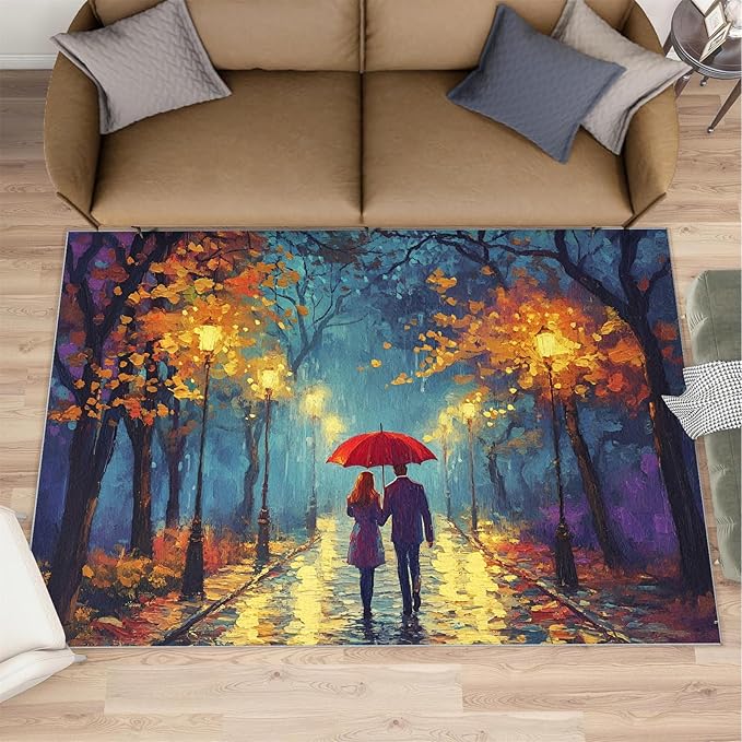London Streets Washable Rugs 4x6 Rug for Living Room, Rainy Night Oil Painting 4x6 Rug Autumn Landscape Low-Pile Carpet for Bedroom Dining Non Slip Mat with Rubber Back