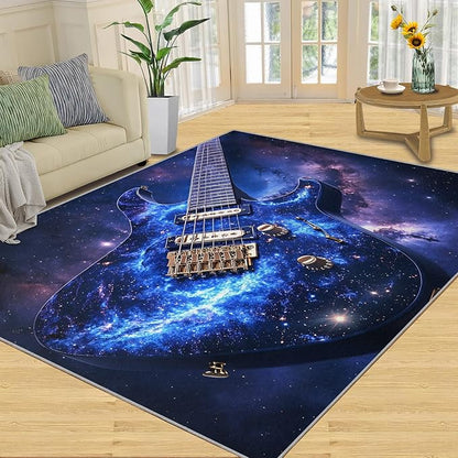 Guitar 5x7 Area Rugs for Living Room -Musical Instruments Washable Rug Starry Sky Non-Slip Carpet Indoor Floor Stain Resistant Thin Carpets for Bedroom Dining Room Home Office