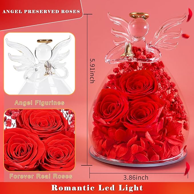 Beferr Valentines Day Rose Gifts for Her Women Mom Gifts for Birthday, Fresh Flowers for Delivery Prime Forever Preserved Rose in Glass Angel Figurine, for Grandma Wife Kids Daughter