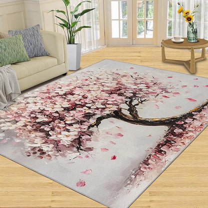 Graffiti Tree Washable Rugs 6x8 Rug for Living Room, Pink Petals 6x8 Rug Oil Painting Art Low-Pile Carpet for Bedroom Dining Non Slip Mat with Rubber Back