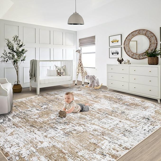 8x10 Area Rugs for Living Room, Washable Modern Abstract Large Area Rug Neutral Soft Non Slip Kids Rug Stain Resistant Indoor Carpet for Bedroom Dining Room Playroom Home Office(Beige, 8'x10')