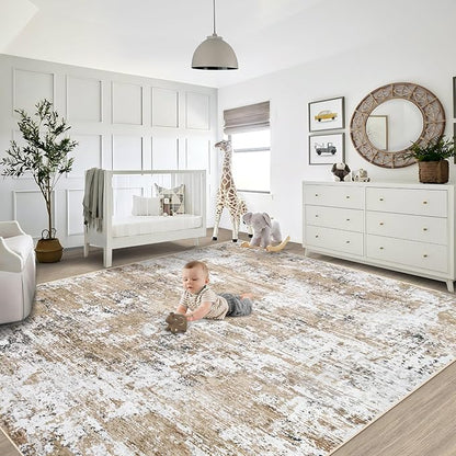 8x10 Area Rugs for Living Room, Washable Modern Abstract Large Area Rug Neutral Soft Non Slip Kids Rug Stain Resistant Indoor Carpet for Bedroom Dining Room Playroom Home Office(Beige, 8'x10')