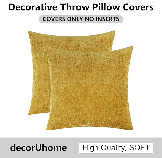 decorUhome Chenille Mineral Yellow Spring Throw Pillow Covers 24x24 Inch Set of 2, Decorative Soft Couch Pillow Covers Solid Dyed Accent Farmhouse Neutral Square Pillow Cases for Sofa