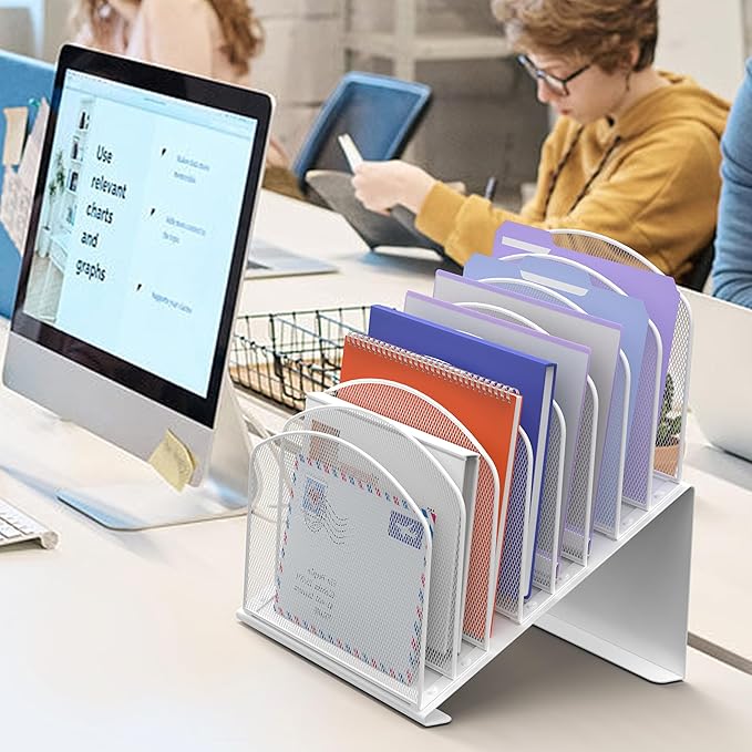 Inclined Desk File Organizer, 8-Section Upright Desk Organizer File Sorter for Office Classroom Desktop Organization