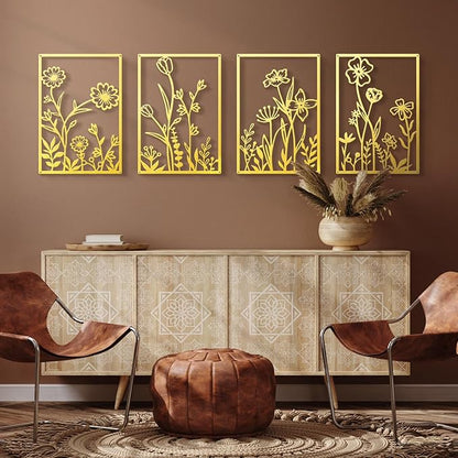 Sokurdeg Gold Metal Flowers Wall Decor, Minimalist Floral Metal Wall Hanging Art for Bedroom Bathroom Living Room (4 Pcs, 15.7 x 22.5 in)