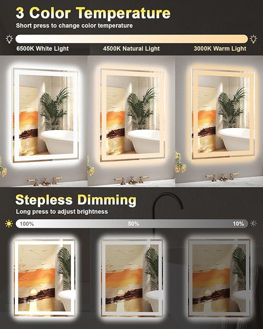 24"x 32" LED Mirror for Bathroom, Front and Backlit Controlled Separately LED Wall Vanity Mirror, LED Vanity Mirror with Lights, Stepless Dimmable, Anti Fog, Tempered Glass, Memory (ETL)